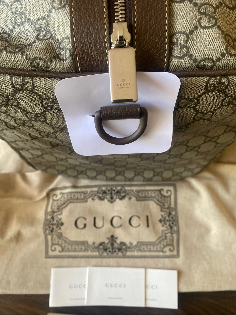 Gucci Beige GG Supreme 10ktf Canvas Duffel with Green-Red Web Straps